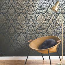 Gold leaves on navy blue. Platinum Metallic Gold Foil Damask On Blue Wallpaper Fd42564