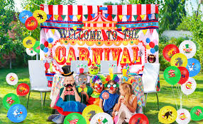 Carnival birthday party ideas in 2019. Amazon Com Circus Carnival Banner Backdrop 20 Carnival Balloons 11 Carnival Photo Booth Props For Circus Carnival Party Supplies Decorations Toys Games