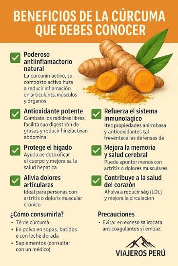 Beneficios de la Cúrcuma que Debes Conocer 1. ✓ Poderoso antiinflamatorio  natural La curcumina, su compuesto activo, ayuda a reducir la inflamación  en articulaciones, músculos y órganos. 2. ✓ Antioxidante potente Combate