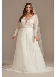 You will find the dresses i tried on below, linked ! Long Sleeve Plunge Lace Plus Size Wedding Dress David S Bridal
