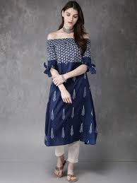 Anouk Blue Printed A Line Off Shoulder Kurta Blue Printed A Line Off Shoulder Kurt Fashion Design Dress Long Sleeve Homecoming Dresses Kurta Designs Women
