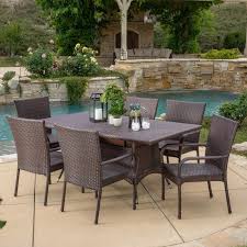 Sunnydaze round lattice design cast aluminum outdoor patio table with umbrella hole, black. Kory Outdoor 7 Piece Multi Brown Wicker Dining Set With Umbrella Hole Wicker Dining Set Patio Dining Set Buy Outdoor Furniture