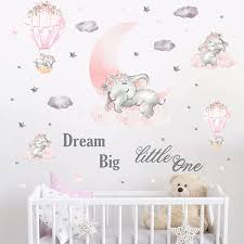 Buy Large Pink Baby Elephant Wall Decal Mykasen Cute Five Elephant Dream Big Little One Wall Stickers Pink Moon Grey Stars Cloud Removable Nursery Wall Decor For Baby Kids Boy Girl Bedroom