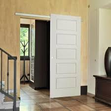 Masonite 30 In X 84 In Riverside Primed Solid Core 5 Panel Equal Interior Barn Door Slab 82604 The Home Depot In 2020 Interior Barn Doors Black Interior Doors Door Design Interior