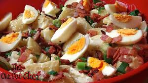 While bacon is baking, cook the potatoes by placing them in a pan then covering with cold water. Classic Potato Salad With Bacon And Egg One Pot Chef Youtube