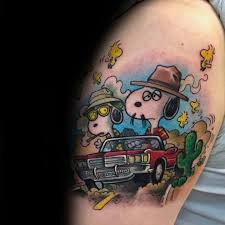 Simple snoopy tattoo on leg. 70 Snoopy Tattoo Ideas For Men Peanuts Pet Beagle Designs