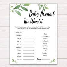 Baby Around The World Game Printable Baby Shower Games Botanical Baby Shower Games Baby In Different Languages Baby Shower Games Gl2 Classy Baby Shower Around The World Games Baby Shower Printables