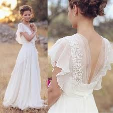 Elegant A Line Ivory Flower Cap Sleeve V Neck Chiffon Open Back Wedding Dresses Uk Ph376 Boho Wedding Dress Lace Online Wedding Dress Outdoor Wedding Dress