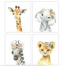 Little Baby Watercolor Animals Floral Crown Safari Prints Set Of 4 Unframed Nursery Decor Art Animal Nursery Decor Baby Animal Prints Animal Nursery