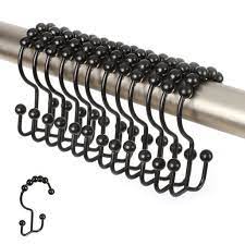 Black Double Hook Shower Curtain Hooks Shower Curtain Rings Set 12 Pack Stainless Steel Shower Curtain Rings Double Shower Curtain Curtain Hooks