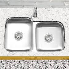 The surface has a brushed satin finish to help mask small scratches that occur over time and keep your sink looking beautiful for years. Stainless Steel Offset Double Bowl Kitchen Sink With Drains Silver Overstock 5763611