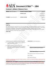 Aia® document g706 affidavit requires the contractor to list any debts or claims (such as payroll, bills for materials & equipment, and other) in connection . G706a 1994 Contractor U2019s Affidavit Of Release Of Liens Pdf Document G706a U2122 U2013 1994 Contractor S Affidavit Of Release Of Liens Project Name And Course Hero