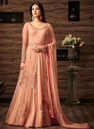 Floral printed partyware designer gown with dupatta. Peach Floral Embroidered Net Anarkali Anarkali Dress Fashion Full Sleeves Dress
