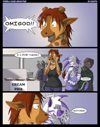 143498 - safe, artist:kadath, oc, oc:diamond (kadath), oc:puzzle, equine,  giraffe, mammal, zebra, anthro, big breasts, breasts, brown body, brown fur,  brown hair, cleavage, clothes, comic, cream pie, dialogue, ears, female,  food, fur,