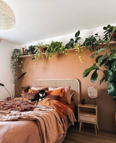 Boho wall decor ideas behind the bed frame 🕊️| Which one will you choose from? Plants on a shelf, macrame wall hanging, or moon-shaped mirrors? 📸 Credits: @laura_pigeon Boho decor is all