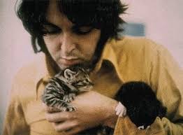 Paul McCartney mit seinen Katzen Mary, Tiger und Thisbe. Thisbe hatte drei  Kätzchen: Jesus, Mary und Joseph. Jesus ist bekanntermaßen weggelaufen.  Paul, Thisbe, Pyramus, den er John schenkte, und Martha im Jahr