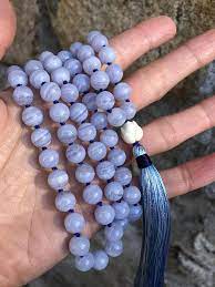 Beautiful Blue Lace Agate Mala With Lotus Bud Guru Bead Blue Lace Agate 108 Prayer Beads Hand Knotted Gemstone Necklace With Lotus Bud Blue Lace Agate Blue Lace Agate Necklace Lace Agate