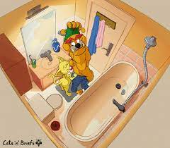 animated anthro bathing bathroom bathtub brown body brown fur  canid canine canis cedamuc1 clothing couple (disambiguation) detailed  background domestic cat domestic dog dribble (warioware) duo felid feline  felis fur