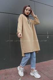 Lamelif Duz Tesettur Model Spor Tunik Sutlu Kahve Krem Rengi Sweat 10341 2020 Tunik Kapusonlu Spor