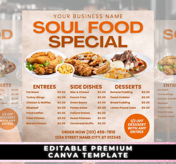 Soul Food Flyer, Soul Food Menu, Dinner Menu, Dinner Special Flyer, Food  Flyer, Sunday Dinner Flyer, Restaurant Menu, Dinner Sale Flyer
