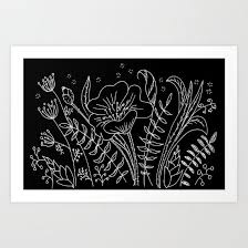 Black And White Plants Background Hand Drawn Floral Composition White Outlines On Black Background Drawing Ink Pen Digital Illustration Vi Simple Flower Drawing Art Prints Flower Drawing