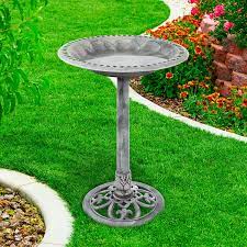 Unique bird baths in tall pedestal & staked birdbaths designs. Amazon Com Pure Garden 50 Lg1073 Antique Bird Bath Weather Resistant Resin Birdbath With Vintage Scroll Design 3 Ground Stakes For Garden Outdoor Decor Grey Garden Outdoor