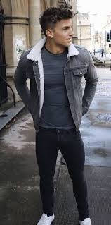 Fall Combo Inspiration With A Gray Shearling Lined Denim Jacket Gray T Shirt Black Skinny Jeans Whi Business Casual Men Mens Casual Outfits Trendy Mens Fashion