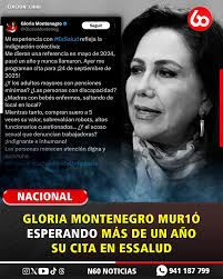 🎙️#N60Noticias| Hijo de la también excongresista de 69 años confirmó el  deceso luego de una complicación por un procedimiento neuroquirúrgico.  Previamente, Gloria Montenegro contó su mala experiencia en EsSalud. 📌 Más  detalles