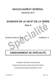 Épreuves anticipées de première français oral : Bac S Svt Specialite Polynesie 2019 Sujet Alloschool