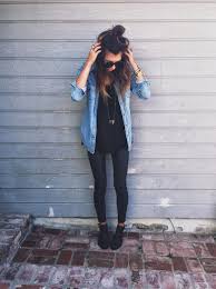 Black Ankle Boots With Blue Jeans Chambray Button Down Tee Long Necklace Coated Denim Ankle Boots Fashion Chambray Shirt Outfits Clothes