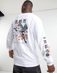 Japanese Crane Embroidered Long Sleeve T Shirt In White Hallensteins Nz