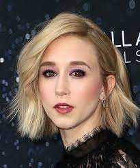 Taissa Farmiga Medium Wavy Light Blonde Bob Haircut With Blunt Cut Bangs