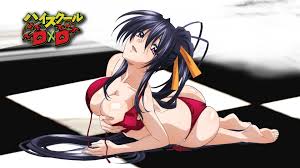 himejima akeno, high school dxd, anime screenshot, highres, 10s, 1girl,  arched back, ass, barefoot, bikini, black hair, breasts, checkered floor,  cleavage, demon girl, eyecatch, feet, grabbing own breast, hair ribbon,  hair spread
