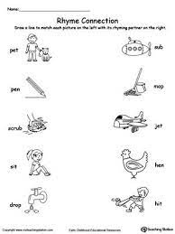 Connect Rhyming Pictures With Words Ending In Et En Ub It Or Op Rhyming Pictures Rhyming Words Worksheets Rhyming Words Kindergarten
