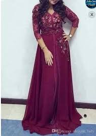 Saudi Arabic Lace V Neck Prom Dresses Long Sleeves Chiffon A Line Women Evening Gowns Floor L Prom Dresses Long With Sleeves Moroccan Dress Traditional Dresses