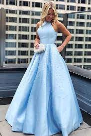 Light Blue Beading Halter Long A Line Elegant Prom Dresses For Teens M823 In 2021 Prom Dresses Satin Evening Dresses Dresses