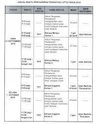 Untuk makluman, peperiksaan bertulis pt3 dijadualkan diadakan pada bulan oktober sepertimana tahun lepas pada dari 9 hingga 12 oktober 2017. Jadual Peperiksaan Pt3 2019 Pentaksiran Tingkatan 3 Schedule