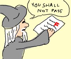 (gandalf lifts his staff and smites it on the bridge, sending the balrog falling down to the lava. Gandalf Marks Exams You Shall Not Pass Drawception