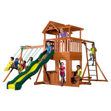 Backyard Discovery Thunder Ridge All Cedar Swing Set 36214com The Home Depot In 2020 Backyard Swing Sets Cedar Swing Sets Wooden Swing Set