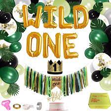 But later we changed to the theme to 'jungle animals' because we could easily found decorations related to jungle animals. Buy Jungle Theme First Birthday Decorations Kit Baby 1st Birthday Forest Party Supplies Wild One Photo Props Includes Balloons Leaves High Chair Banner Little Crown Cake Topper For Boys And Girls Online