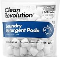 Clean Revolution Natural Laundry Detergent Pods, Fragrance Free, 100 Pods, Enzyme Powered Laundry Soap, Septic Safe, Made in the USA
