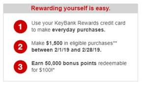 Earn $200 back after you spend $1,000 in purchases on your new card in your first 3 months. Keybank Rewards Credit Card 50 000 Point Spending Bonus