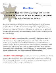 Objects have mechanical energy if they are in motion and/or if they are at some position relative to the surface. Complete Forms Of Energy Reading And Worksheets