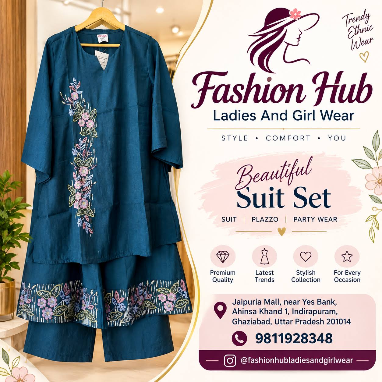 Royal Blue Floral Embroidered Kurta Palazzo Set product image