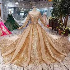Muslim Gold Sequins Long Sleeves Wedding Gown Gold Bridal Gowns Long Sleeve Ball Gowns Long Sleeve Wedding Gowns