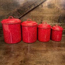 Each has a red lid with white knob. New My Etsy Shop Vintage Red Speckled Enamel Canisters Set Of 4 Nesting Enamelware Canisters Vint Red Kitchen Decor Enamel Canisters Red Kitchen Canisters