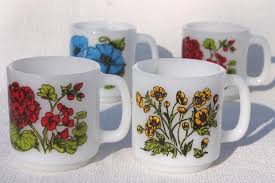Maybe you would like to learn more about one of these? Vintage Glasbake Milk Glass Coffee Mugs Language Of Flowers Geraniums Morning Glories Buttercups