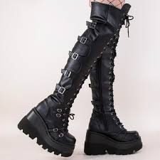 Heel 4 1/2 platform 2 3/4 by demonia can only be shipped in the u.s $69.95. Demonia Platform Boots Shaker 350 Black Thigh High Tragic Beautiful