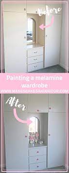 To paint peeling melamine cabinets: Painting A Melamine Wardrobe Makes Bakes And Decor Painting Melamine Melamine Furniture How To Paint Melamine Furniture