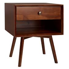 Mid century modern end table cabinet the transparent wet sand finish enables the graining of the exotic indian mango wood to shine through on this table with inside storage and a deep top for abundant chairside. Walker Edison Mid Century 1 Drawer Solid Wood Nightstand Walnut Lwr25mc1dwt Rona